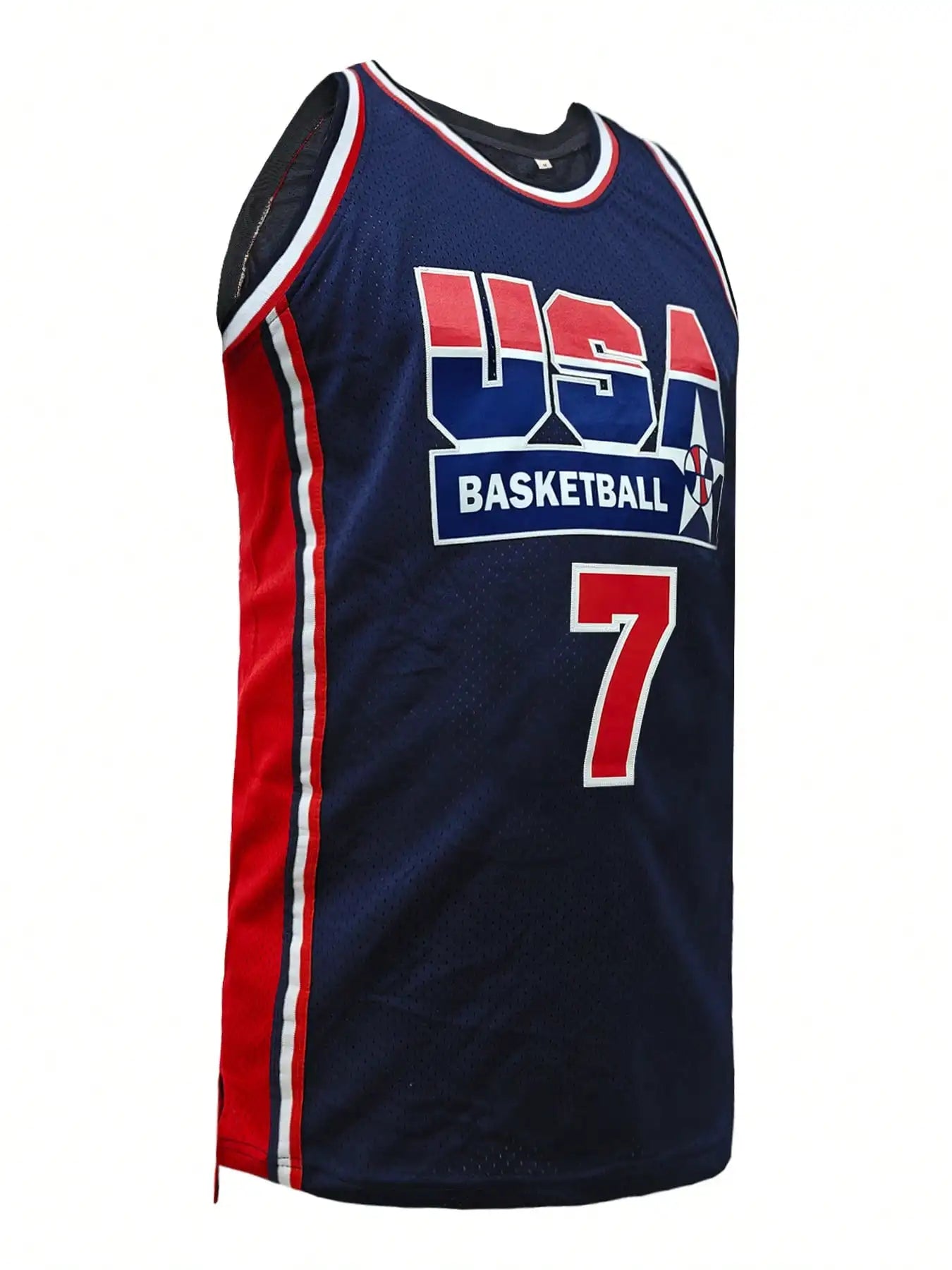 Men's Navy Blue Sleeveless Basketball-Style Jersey, Embroidered Number 7, Loose Fit Crew Neck