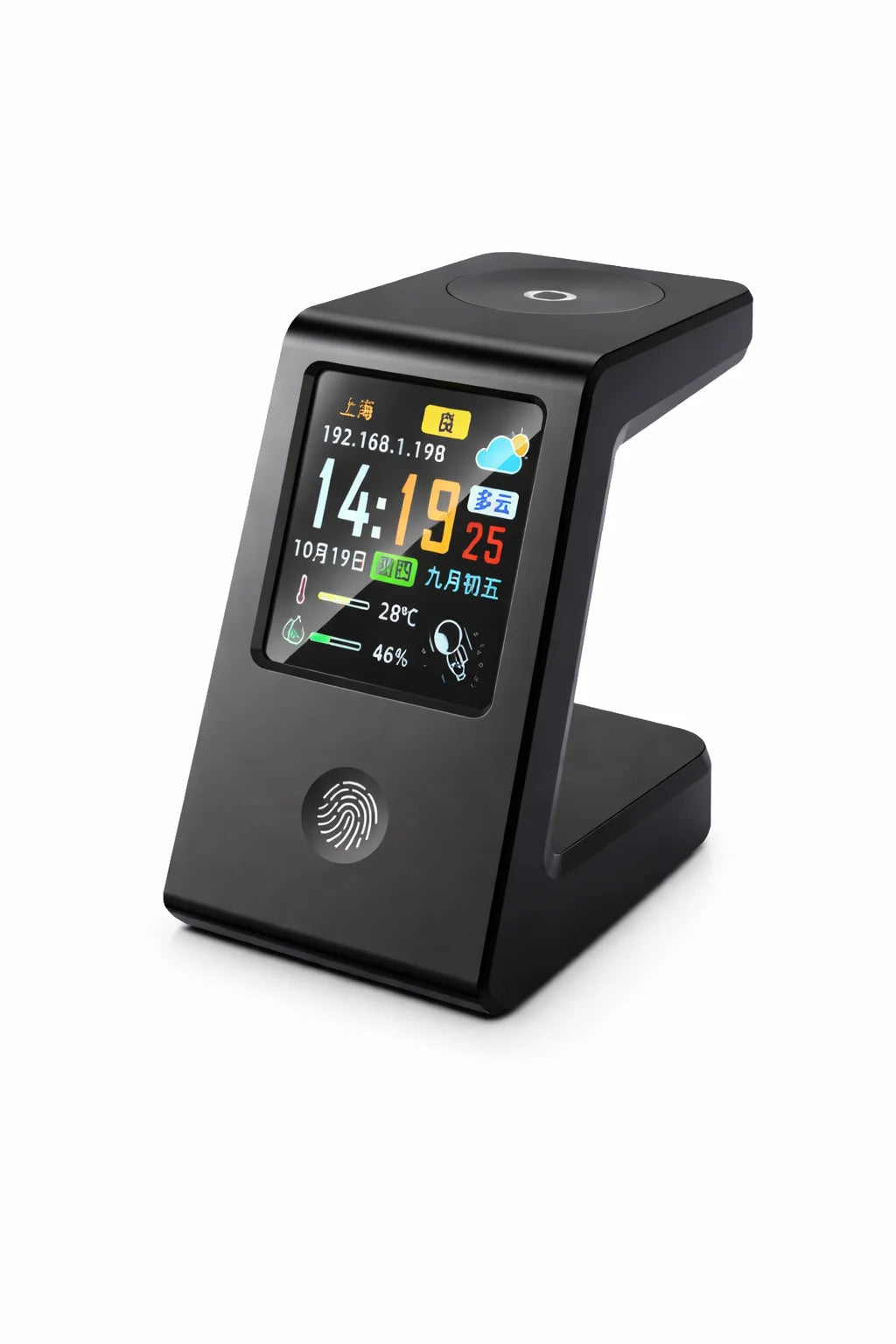 Slim WiFi-weerhorlosie, met draadlose laai vir horlosies, digitale tafelhorlosie, intydse weervertoning, raakbeheer