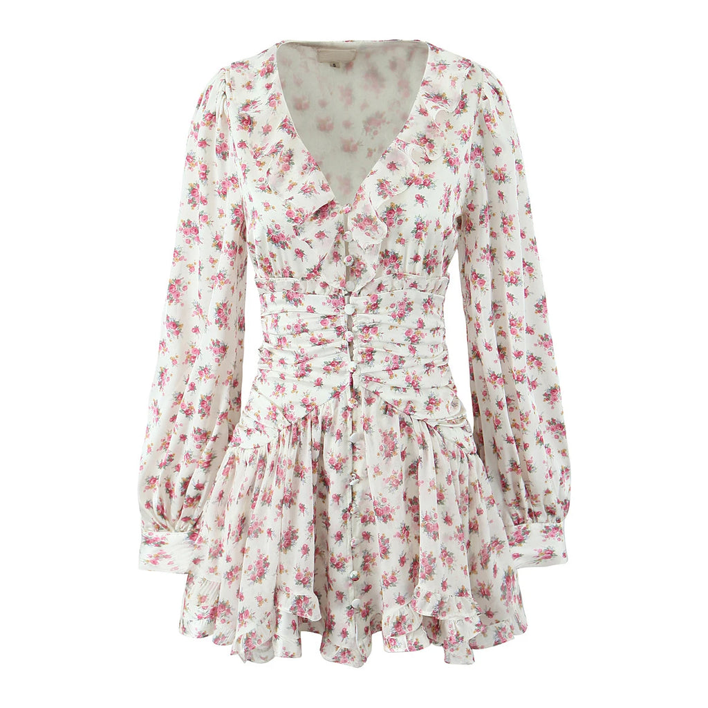 Boho Floral Print Ruffle Mini Dress Women Front Button Long Sleeve V Neck Spring Dresses 2025 Holiday Robe Short Vestidos