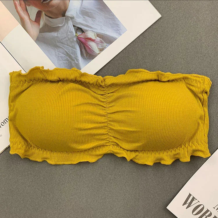 Ruffle Strapless Three Hook-and-eye Cotton Bra Crop Top Sexy Solid Women Bra Invisible Beauty Back Off Shoulder Omighty Camisole