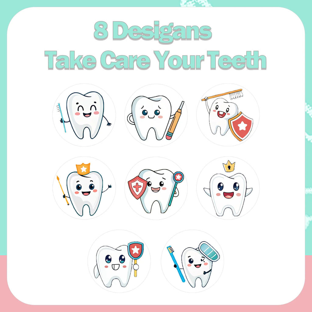 1Roll(500Pcs) Take Care of Teeth Dental Defender Stickers 2.5cm/1.0'' 8 Designs Decals Diy Adorn Gifts Packaging Home Decor