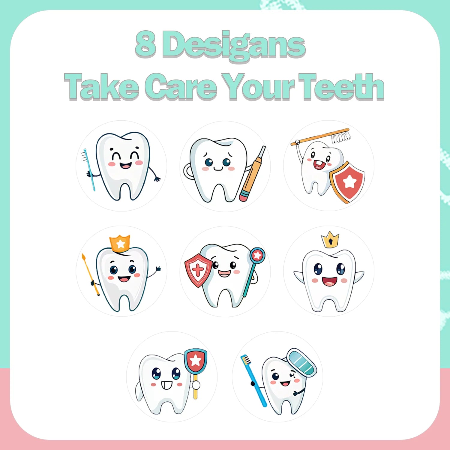 1Roll(500Pcs) Take Care of Teeth Dental Defender Stickers 2.5cm/1.0'' 8 Designs Decals Diy Adorn Gifts Packaging Home Decor
