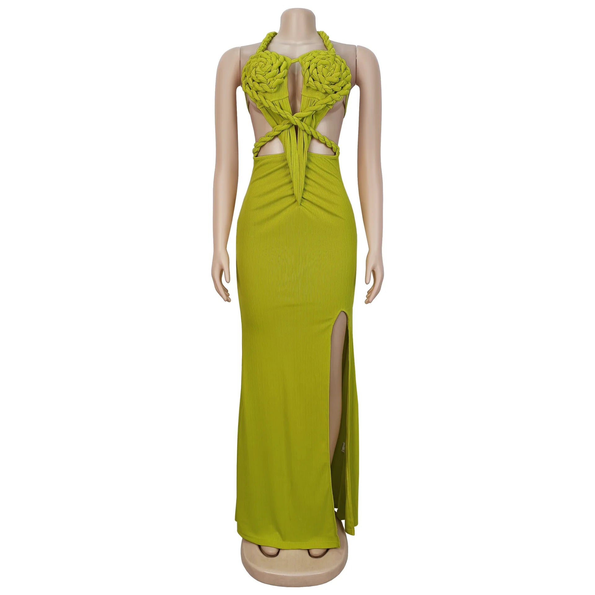 Joskaa Women Summer Knit Halter Long Dress Sexy Hollow Backless Slit Bodycon Maxi Dresses Holiday Party Club Beachwear S-XXL