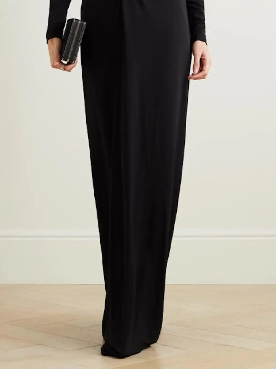 Freeacy 2024 Women's Dress Solid Black Deep V-neck Long Sleeves Floor Length Evening Dresses Ladies Slim Fit Wrap Suit Dress