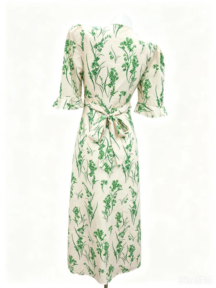 Women Dress Lace Trim Deep V-Neck Short Sleeve Dresses Floral Print Flowy Front Elegant Summer Vacation Streetwear Dress Ladies