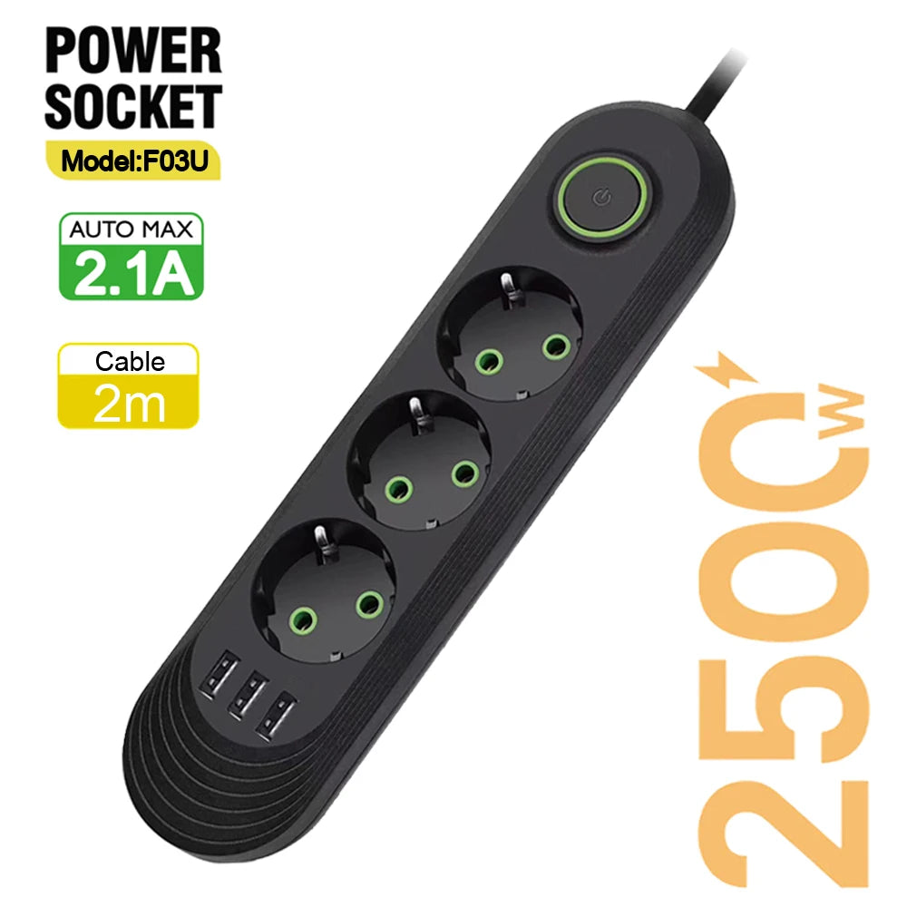 EU Plug AC Outlet Multiprise Power Strip 2m Extension Cord Electrical Socket Network Filter With USB Ports 2.1A Fast Charging