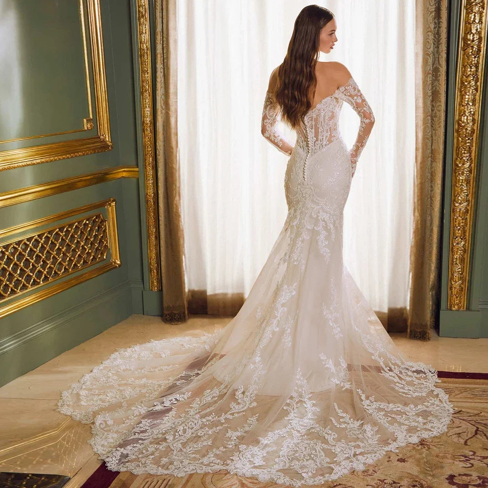 Flavinke Customized Sexy Mermaid Strapless Wedding Dresses Long Sheer Sleeves Applique Bridal Low Back Pearl Vestidos De Novia