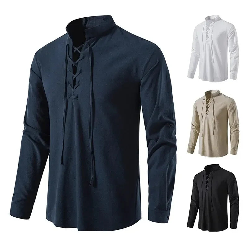 King Billion Men's Shirts Casual Men Cotton Linen Long Sleeve T-shirt Spring Autumn Vintage Shirt US Size Drawstring Neck
