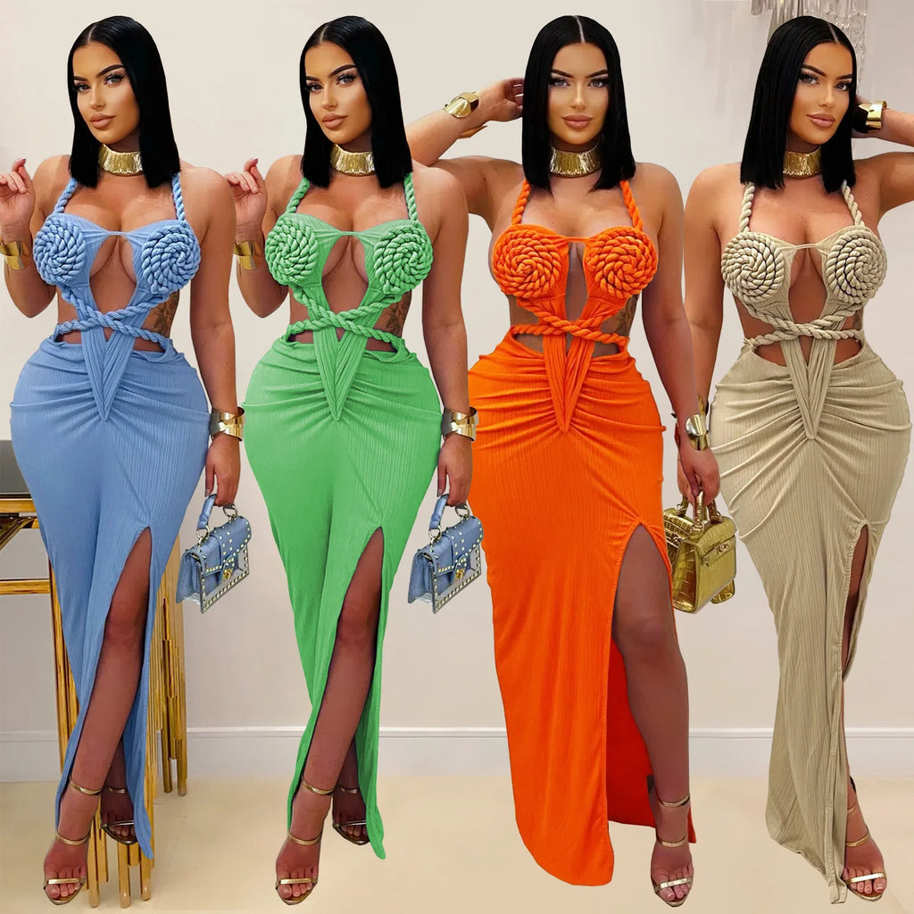 Joskaa Women Summer Knit Halter Long Dress Sexy Hollow Backless Slit Bodycon Maxi Dresses Holiday Party Club Beachwear S-XXL
