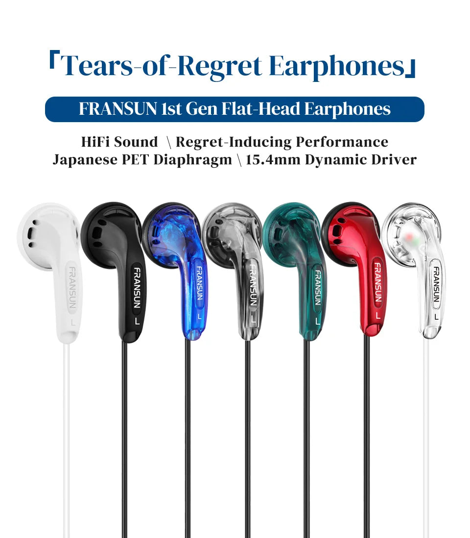 Fransun 1st Gen Flat-Head Earphones 15.4mm Dynamic Driver Earbuds 15.4mm Dynamic HiFi Sound Tears-of-Regret Headphones With Mic