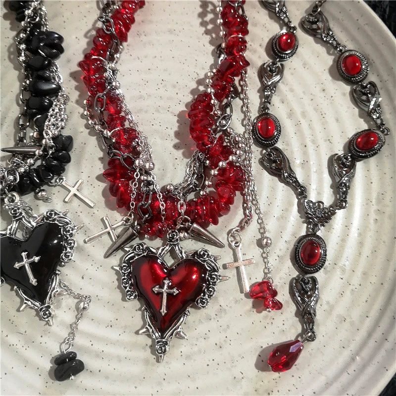 Goth Vintage Y2K Dark Red Heart Cross Pendant Irregular Stone Bead Choker Necklace Women Punk Halloween Grunge EMO Accessories