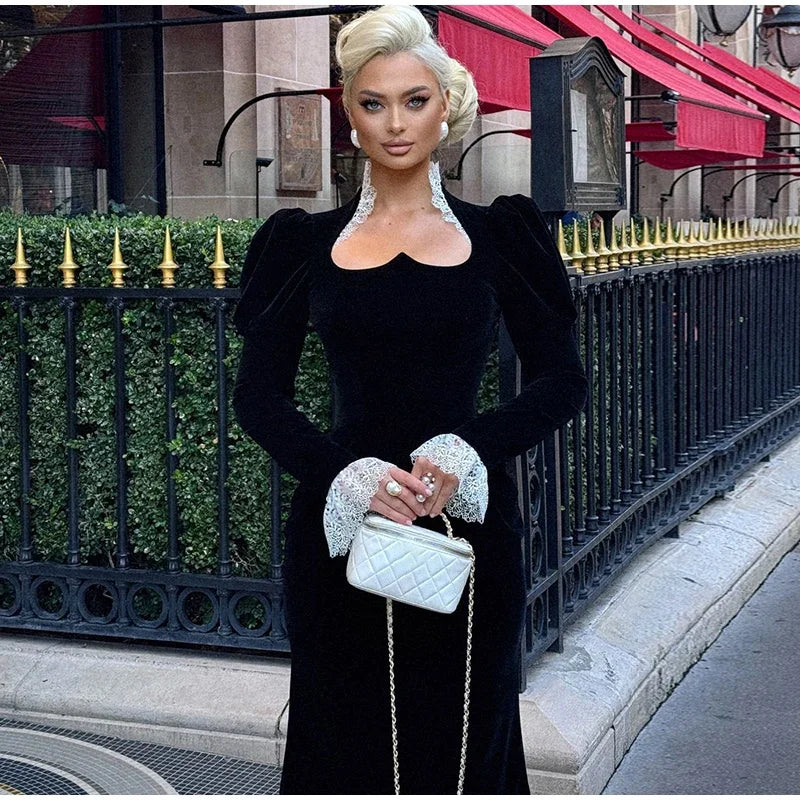 Square Collar Puff Sleeve Women Dress Patchwork Slim Pleated Lady Maxi Dresses 2026 Elegant Spring Vintage Female Vestidos