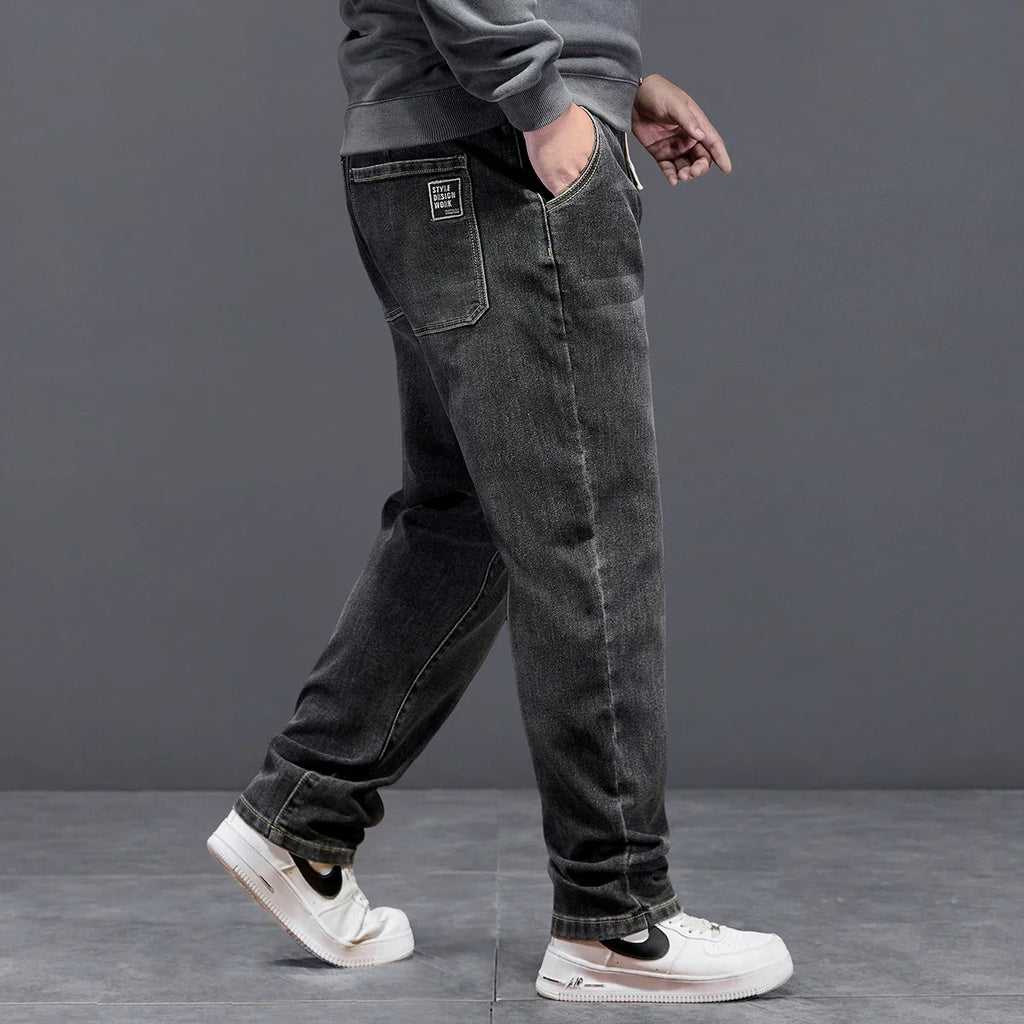 Extra Big Size Jeans Men High Elastic Waist Baggy Denim Pant Male Plus Large Loose Slim Fit Cowboy Trouser 8XL 6XL Classic Black