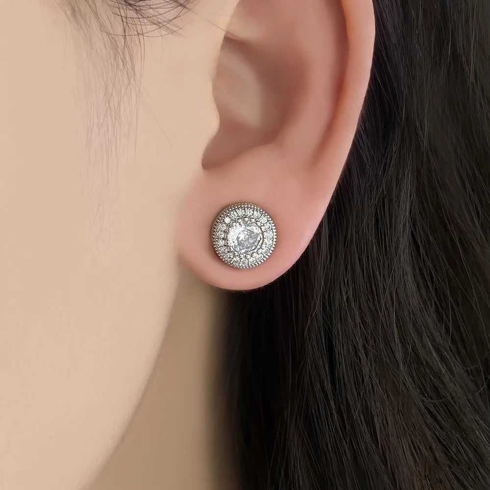Luxury Creative Geometry Round Shining Brightly Full of Zircon Stainless Steel Stud Earrings for Women Men Hip-hop Trend Jewelry