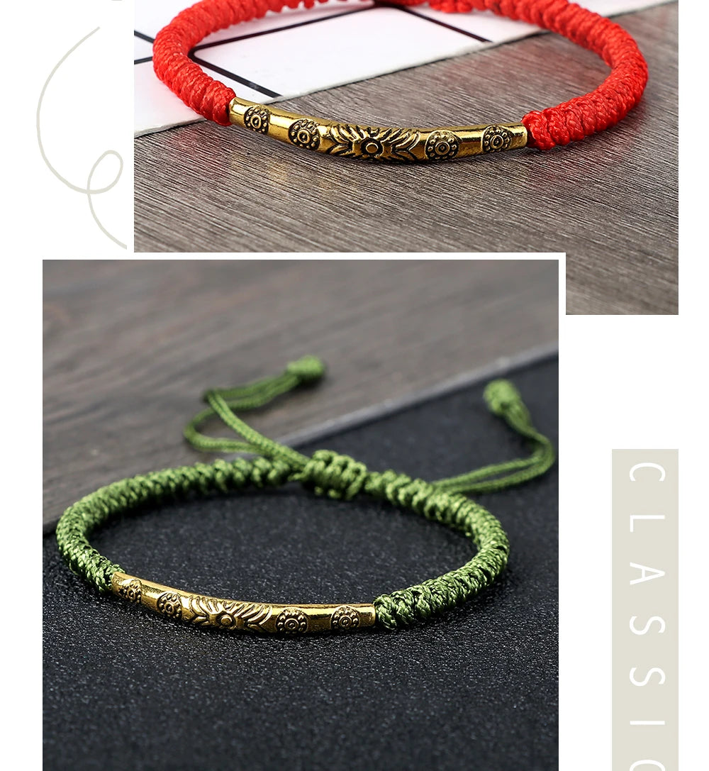 Golden Color Long Tube Braided Bracelet Lucky Red Black Thread Handmade Adjustable Bangle Men Women Buddhism Jewelry Prayer Gift