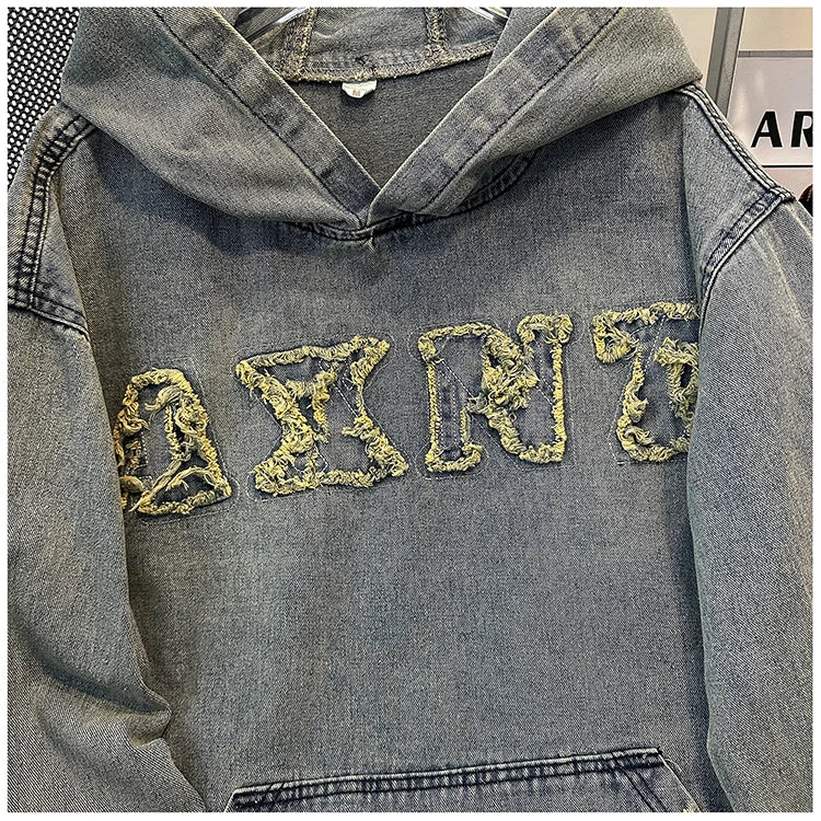 Men's Autumn New Hoodies&Sweatshirts Letter Patchwork Denim Pullover Tops American Fashion Streetwear Ripped Hooded Jackets