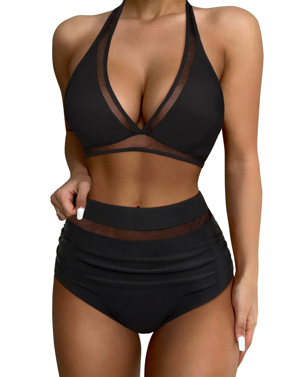 High Waist Bikini Set Sexy Push Up Swimsuit Women Black Beachwear Tummy Control Swimwear Adjustable Bathing Suit Bikinis 2024