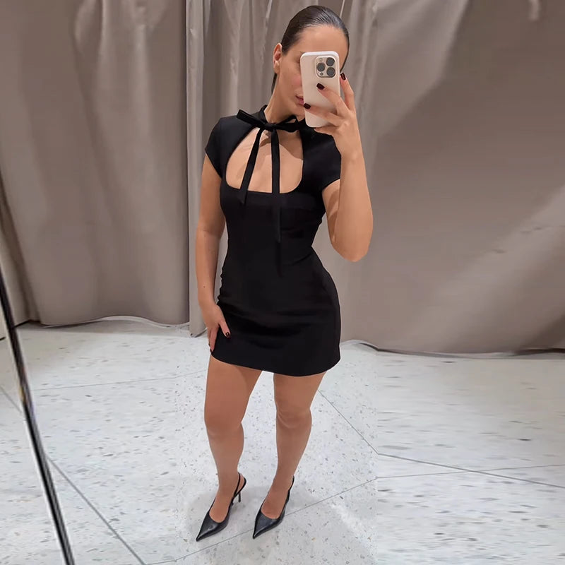 Sexy Women's Dress Halter Lace Up Short Sleeve Polka Print Female Dresses 2026 Early Spring New Fashion Chic Party Lady Robes