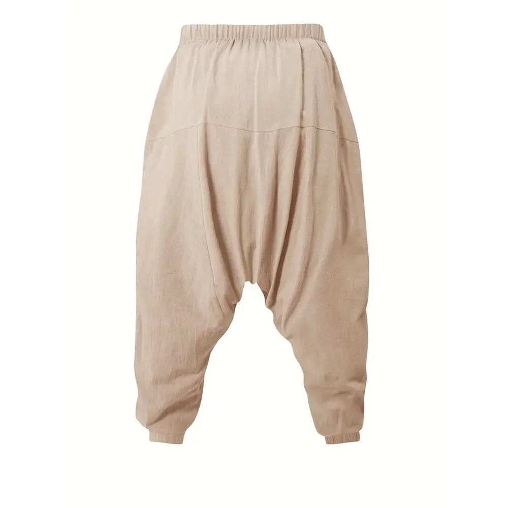 Harem Pants for Men Cotton Linen Drop Crotch Cozy Streetwear Loose Fit Breathable Lightweight Long Pants Male Joggers