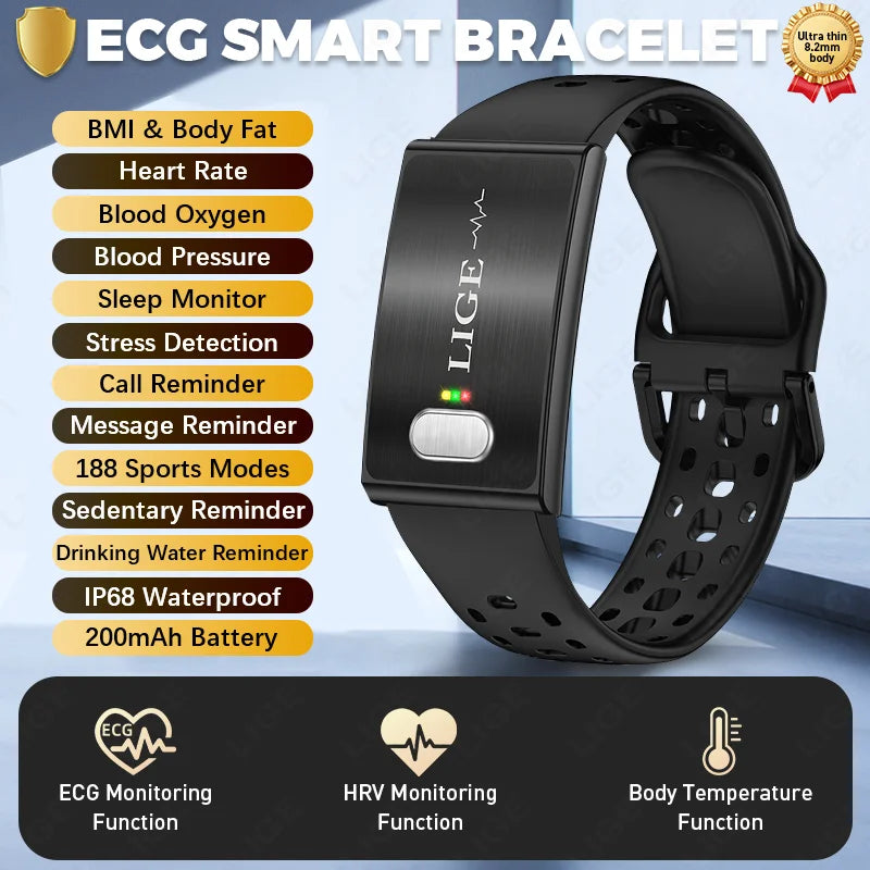 LIGE Fitness Tracker ECG+PPG SpO2 Sport Smart Bracelet Body Fat BMI Heart Rate Blood Pressure Monitor Pedometer Smartwatch Band