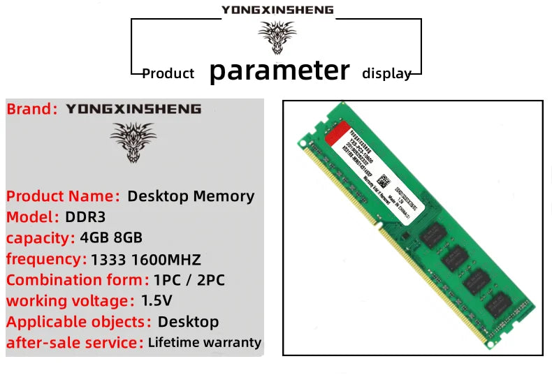 Yongxinsheng DDR3 RAM 4GB 8GB PC3 1333MHz 1600MHz Universal Desktop Memory DIMM 1.5v voltage