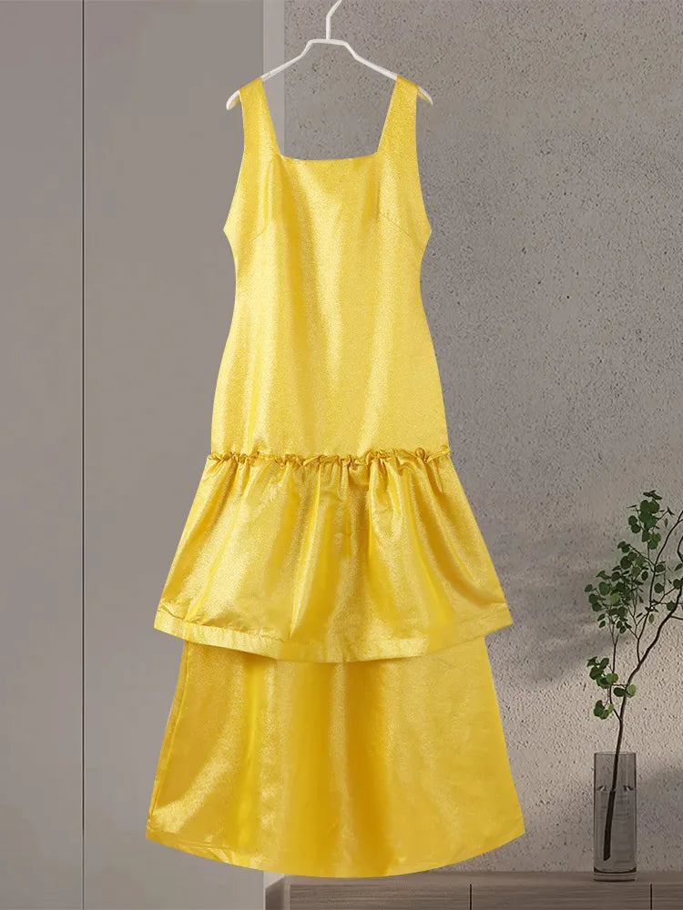 Elegant Ruffles Shiny Dress Women Square Neck A Line Solid Sleeveless Robe Female 2024 Summer Fashion Party Evening Dresses Lady
