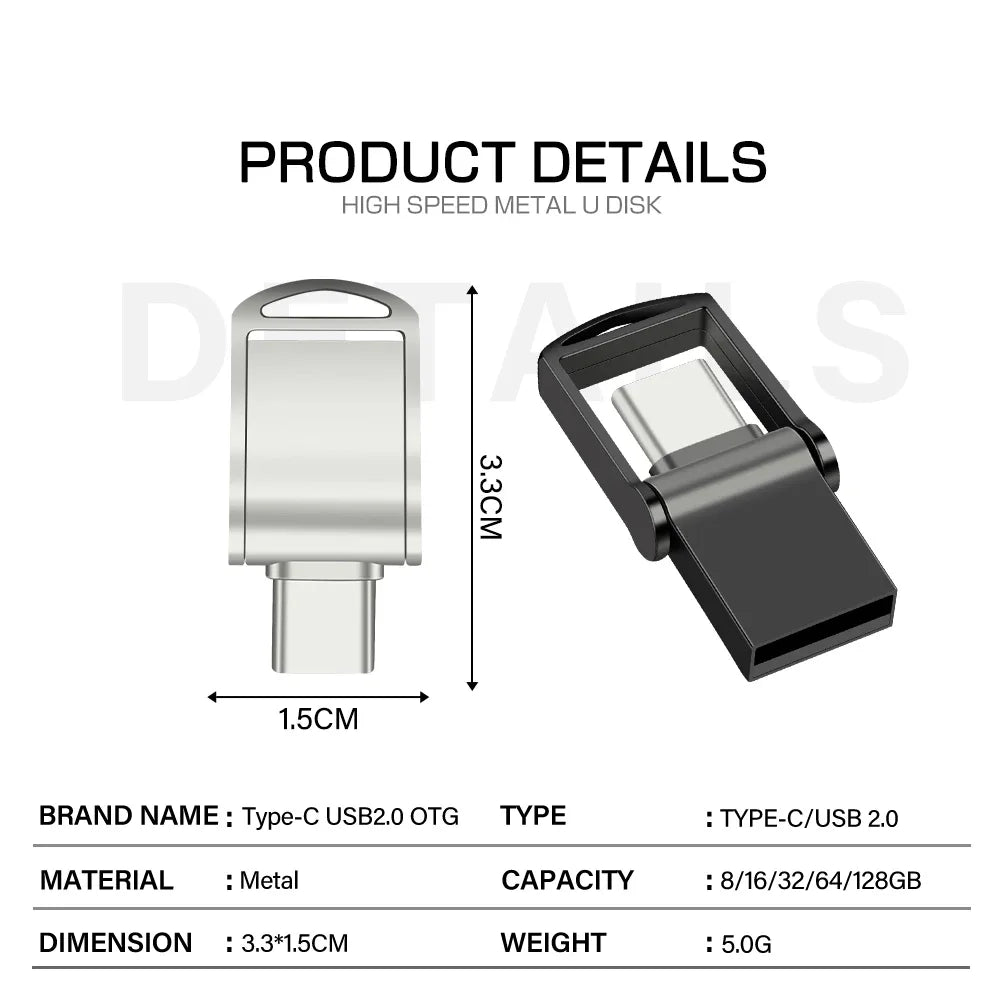 Metal Mini TYPE-C 2 IN 1 USB Dual Flash Drive 64GB Tiny Pen Drive 32GB Key Chain Memoria USB Memory Disk 128G 16GB Pendrives