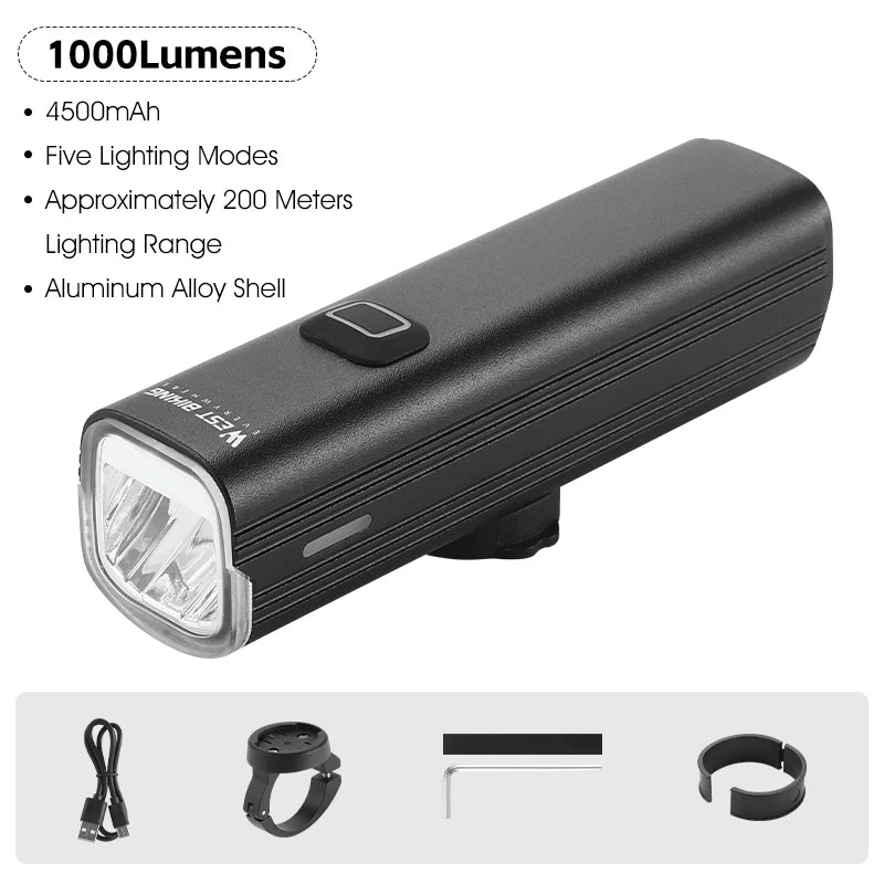 WEST BIKING Quick Release Hoisting Bicycle Light 1000LM High Bright Bike Headlight Type-C Charging Portable Cycling Flashlight