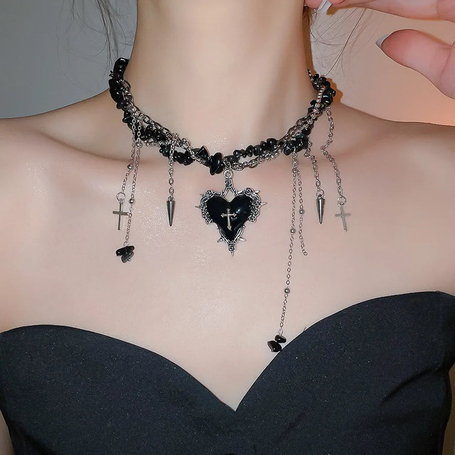 Goth Vintage Y2K Dark Red Heart Cross Pendant Irregular Stone Bead Choker Necklace Women Punk Halloween Grunge EMO Accessories