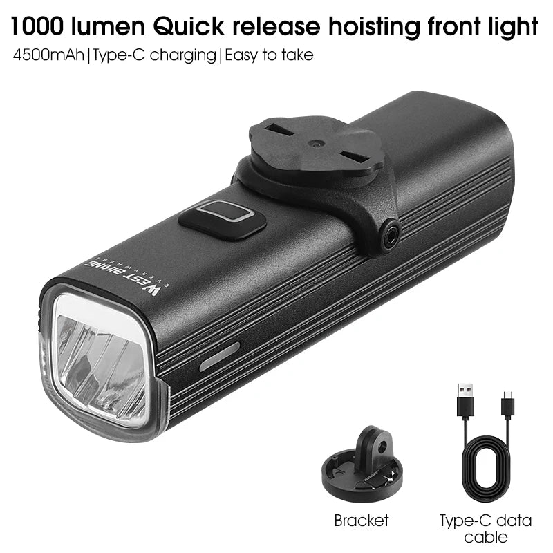 WEST BIKING Quick Release Hoisting Bicycle Light 1000LM High Bright Bike Headlight Type-C Charging Portable Cycling Flashlight