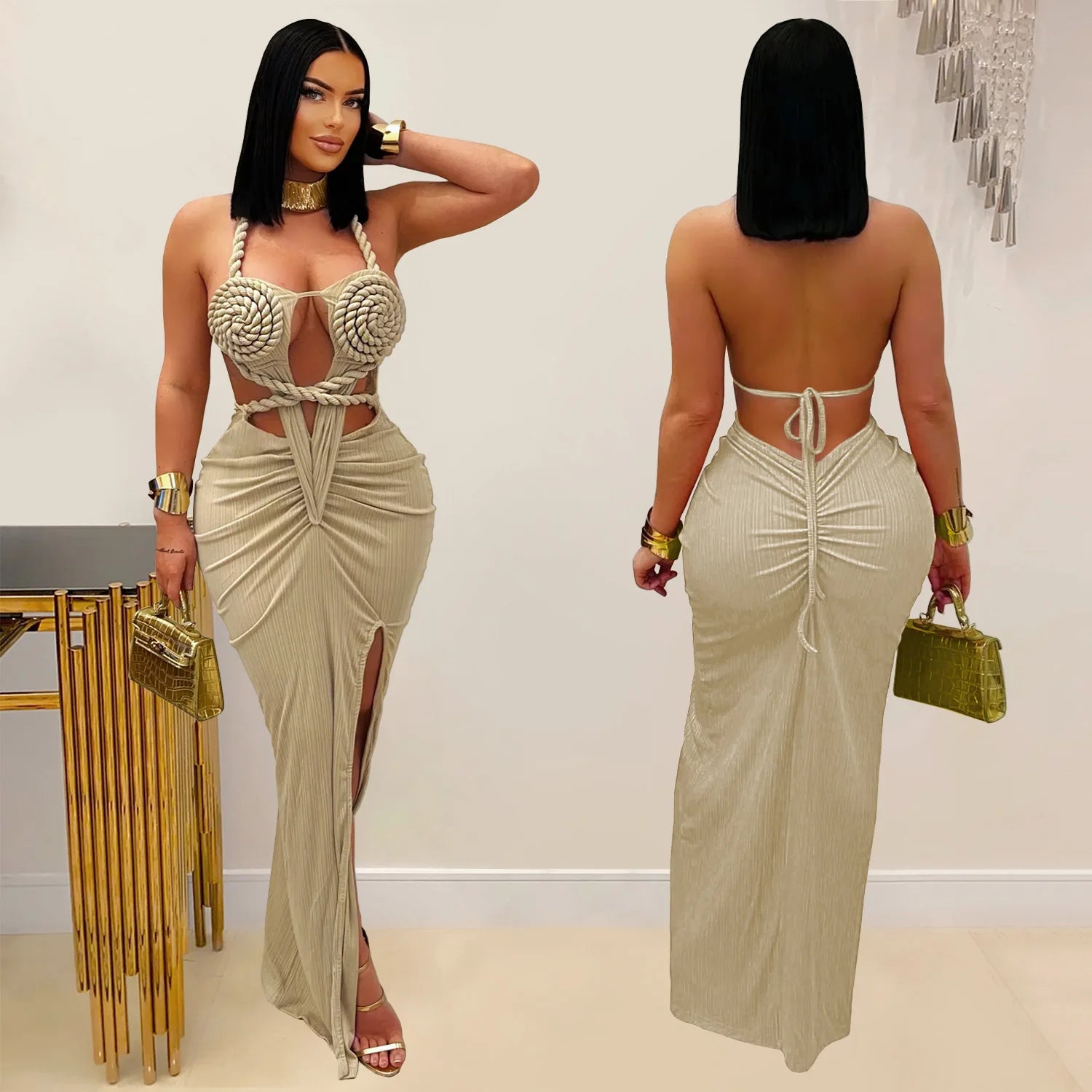 Joskaa Women Summer Knit Halter Long Dress Sexy Hollow Backless Slit Bodycon Maxi Dresses Holiday Party Club Beachwear S-XXL
