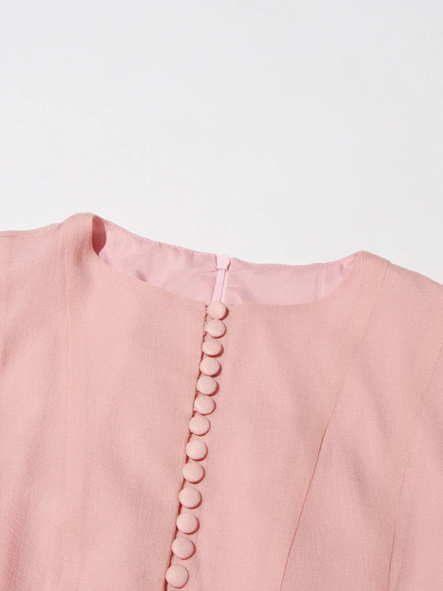 TWOTWINSTYLE Solid Slimming Spliced Folds Dresses for Women Round Neck Long Sleeves Patchwork Buttons Dress Female Clothing New