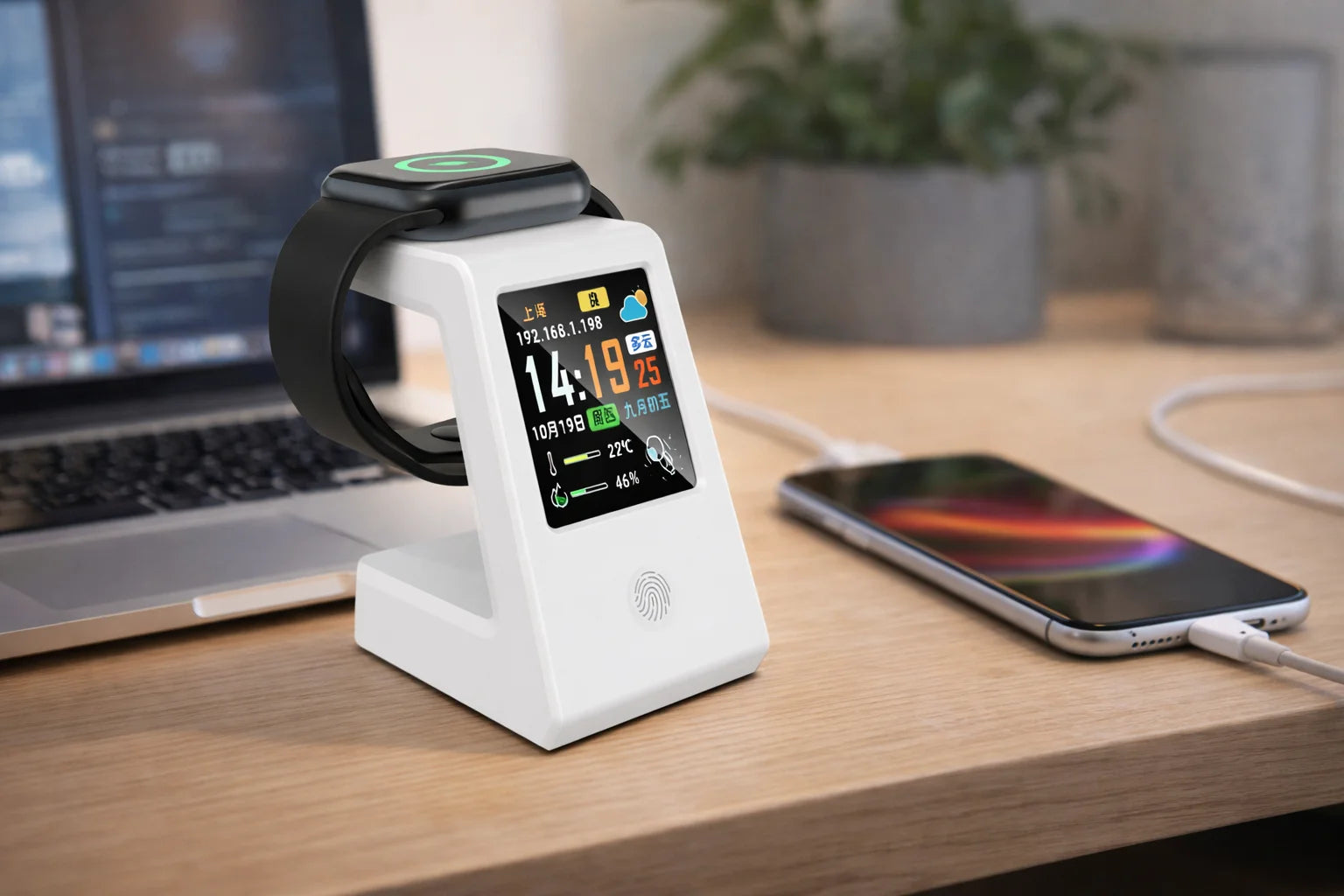 Slim WiFi-weerhorlosie, met draadlose laai vir horlosies, digitale tafelhorlosie, intydse weervertoning, raakbeheer