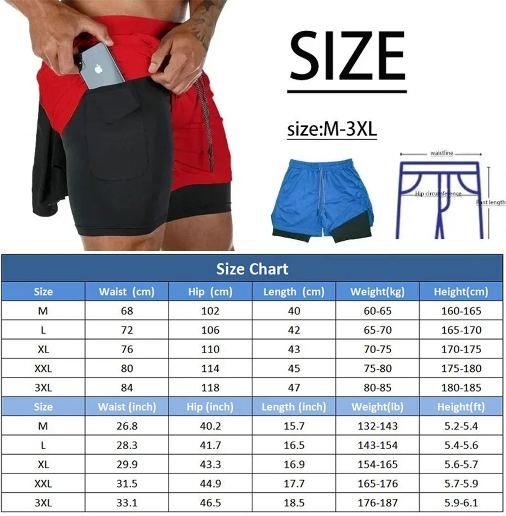 Herren-Zwei-in-Eins-Sporthose Atmungsaktiv Lässig Schnelltrocknend Doppellagige Shorts Sommer Laufbekleidung Unterteile M-3XL