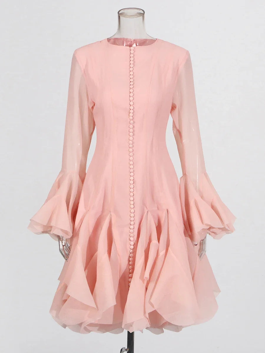 TWOTWINSTYLE Solid Slimming Spliced Folds Dresses for Women Round Neck Long Sleeves Patchwork Buttons Dress Female Clothing New