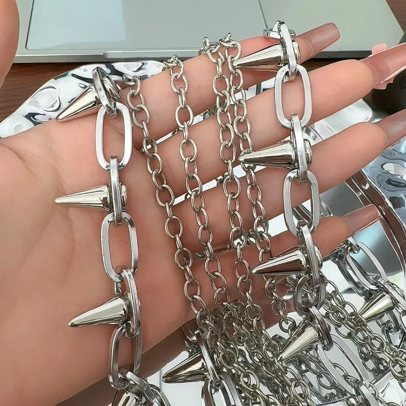 Silver Punk Double-Layer Waist Chain Rivet Decorations Adjustable Length Metal Belt for Women Men Street Style Belts Pants Chain