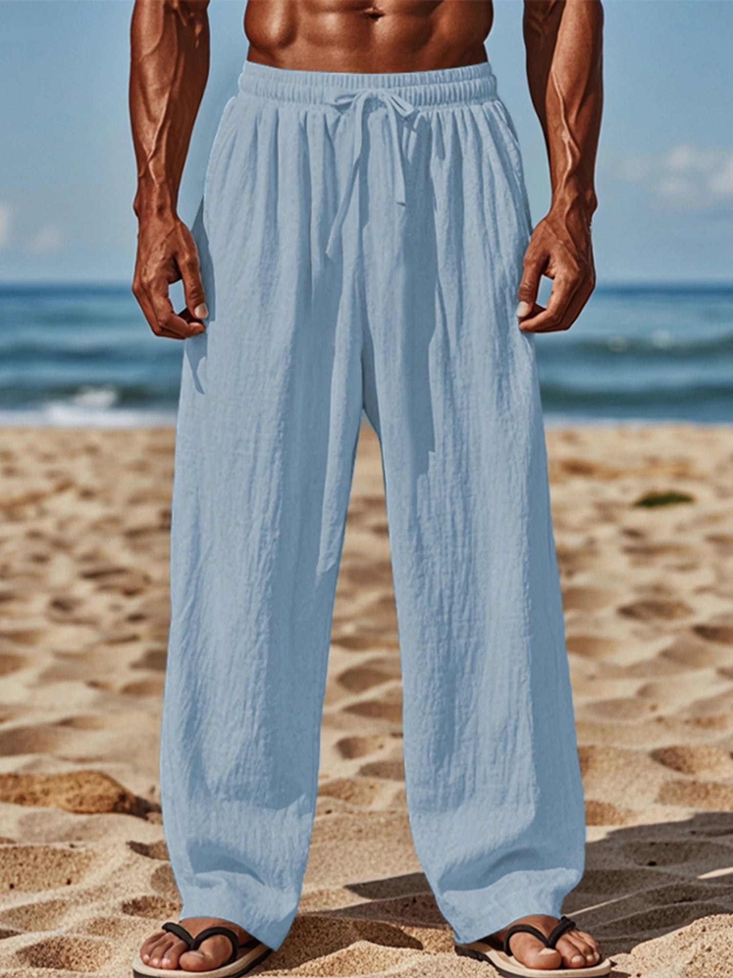 Men s Lightweight Linen Blend Pants with Elastic Waistband and Relaxed Fit for Summer Beach Vacation Casual Wear