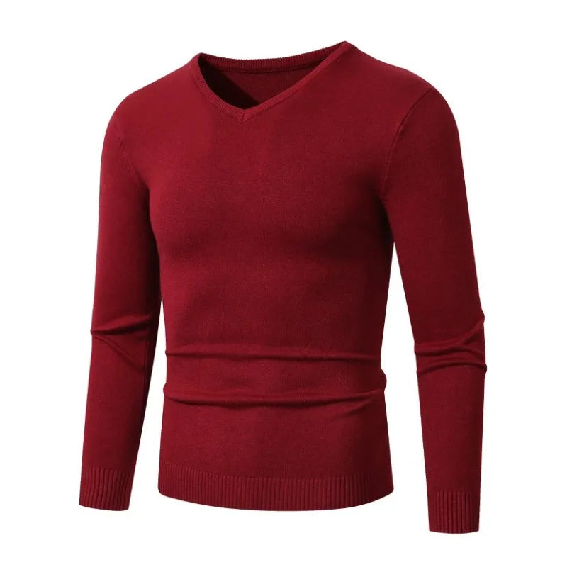Men's Pullover V Neck Knitted Sweaters Solid Color Long Sleeve Jumper Lightweight Casual Business Pullover Slim Fit Sweater