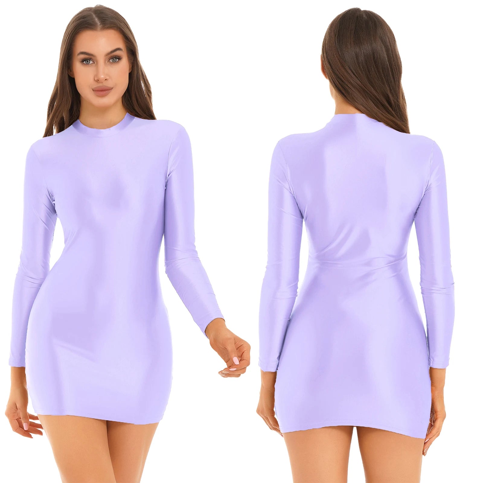 Women Glossy Bodycon Dress Long Sleeve Oil Shiny Smooth Mini Pencil Dress Stretchy Mock Neck Tight  Party Dresses Dance Clubwear
