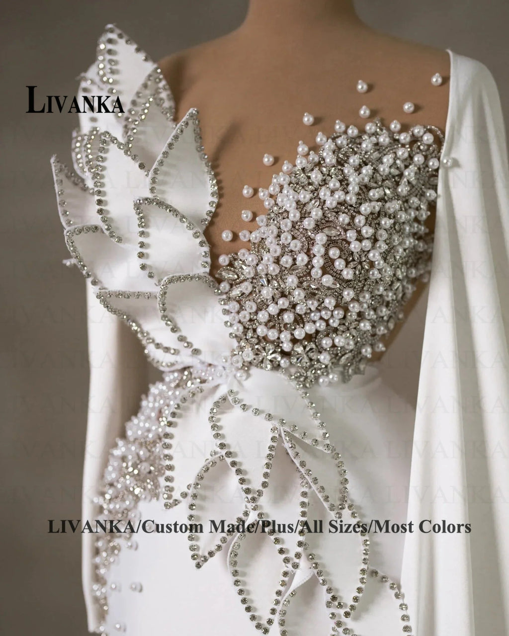 LIVANKA Charming Mermaid Petals Evening Dresses with Pearls Cloak Rhinestones Party Gown Vestido De Formatura Customized