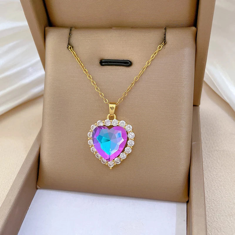 DIEYURO 316L Stainless Steel Colorful Crystal Simple Heart Pendant Necklace Women Girl Fashion Collarbone Chain Jewelry Gift