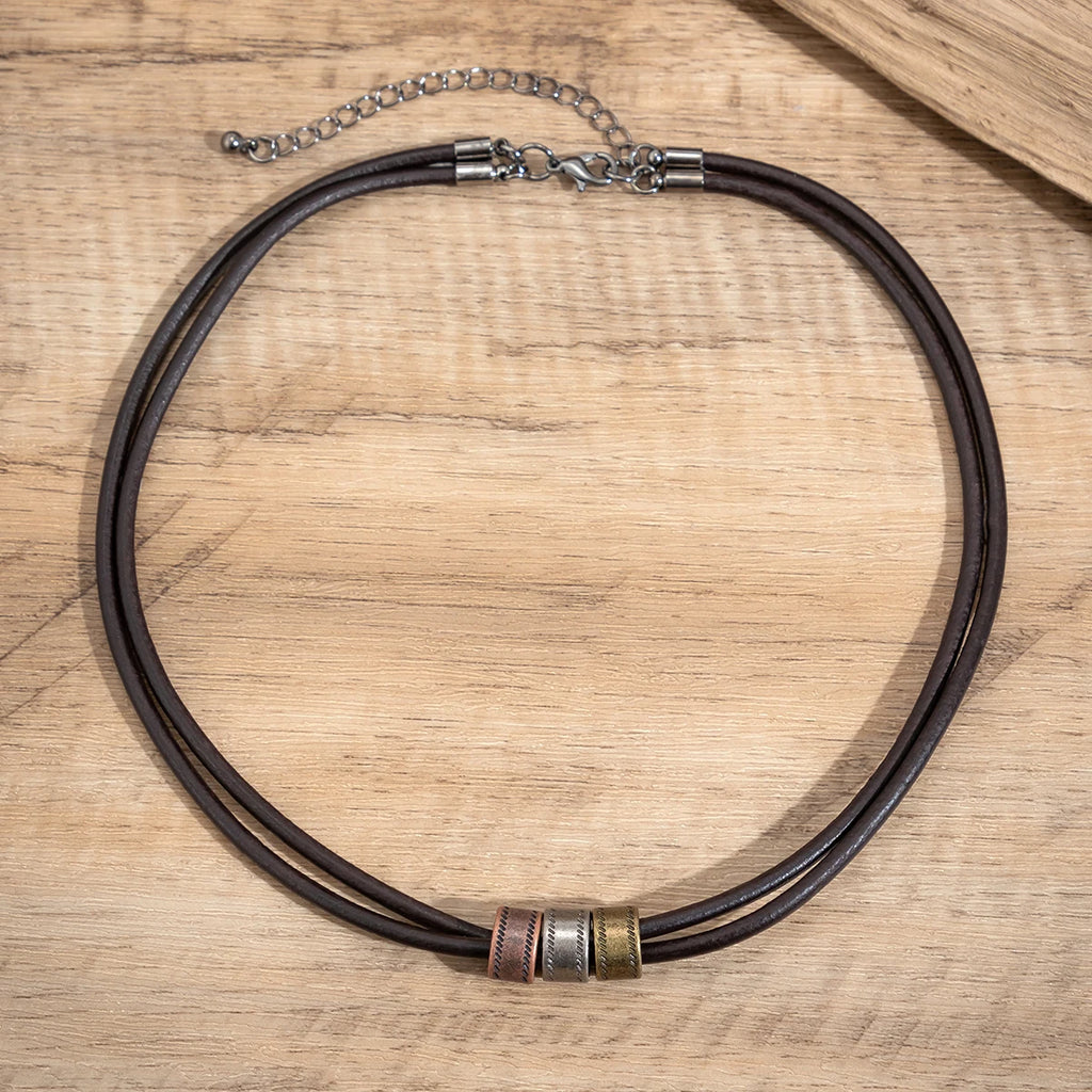 Vintage Pu Leather with Metal Beads Choker Necklace for Men Trendy Collar on the Neck Accessories 2023 Fashion Jewelry Male Gift