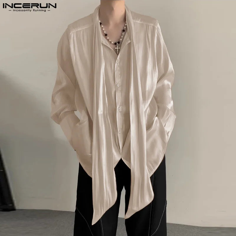 INCERUN Tops 2024 Korean Style Men's Ribbon Pleated Glitter Design Shirts Leisure Male Solid All-match Long Sleeved Blouse S-5XL
