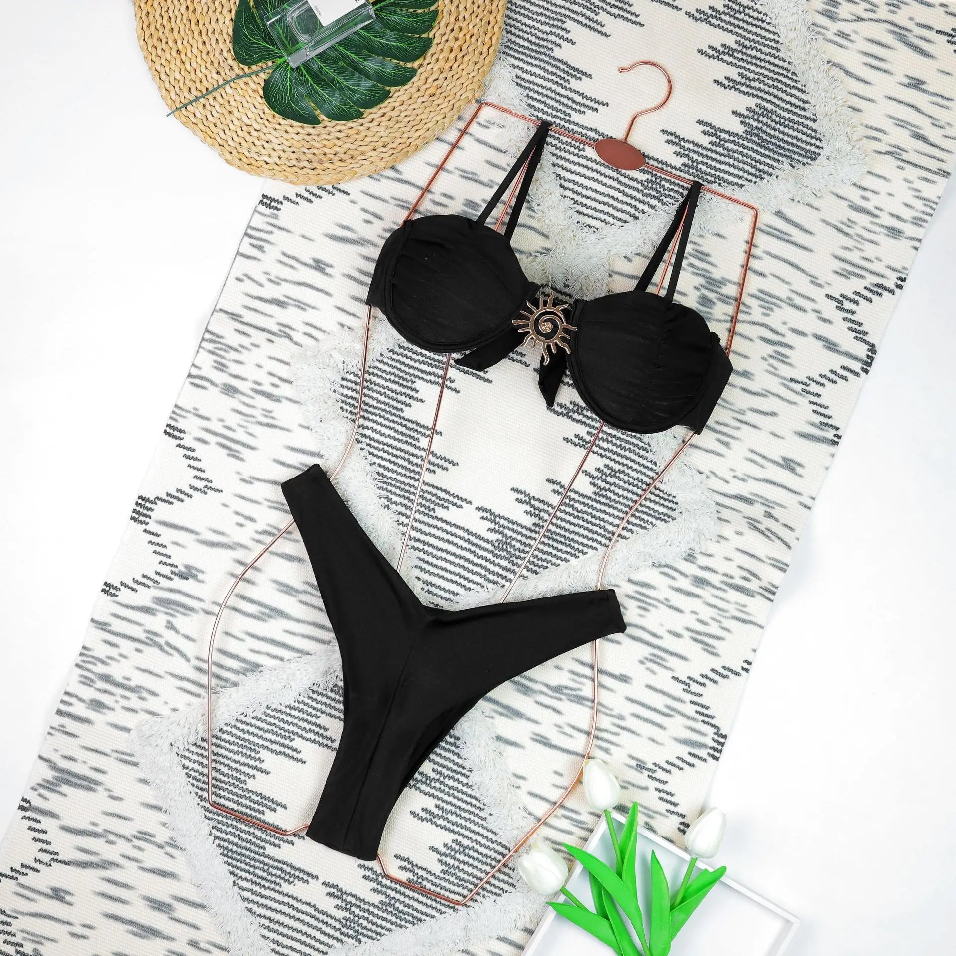 2025 new solid color steel support gathering bikini women's split swimsuit women's two-piece swimsuit