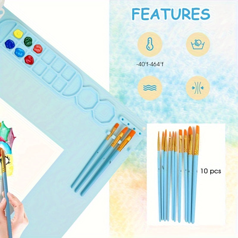 [Non-Stick Craft Mat] Non-Stick 19.6x15.7 Inch Silicone Craft Mat with Collapsible Cup | Large Sky Blue Art Mat, Foldable High Quality Design, Measurement Markings & Multi-Well Palette for Painting, Sculpting, Resin & Hot Glu