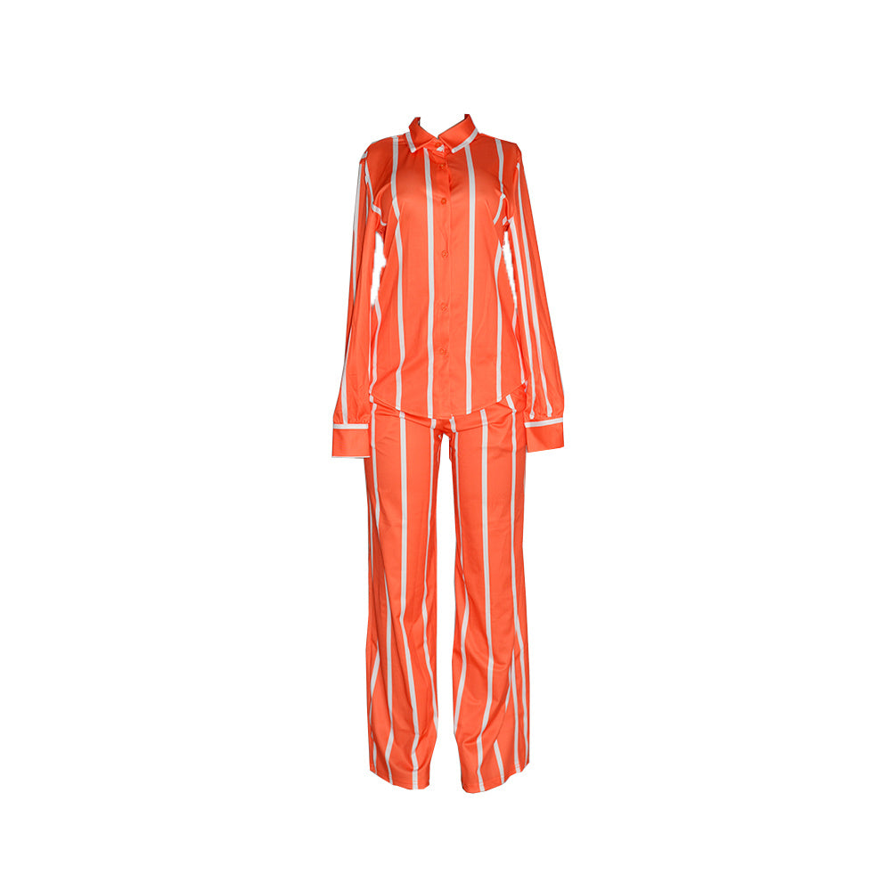 Women's Striped Print Two-piece Set - Button Front Collar Long Sleeve Shirt & High Waist Wide Leg Loose Pants Set - Casual Style - For Women - Perfect for Everyday Wear & Loungewear - Great Gift for Fashionable Women