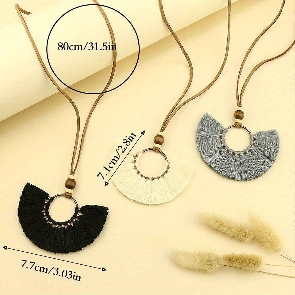 3pcs Ethnic Style Women's Fashion Pendant Necklace Set with Floral Tassel Pendant, Bronze Enamel Drip Zinc Alloy with Glass Rhinestone Inlay, Vintage Necklace