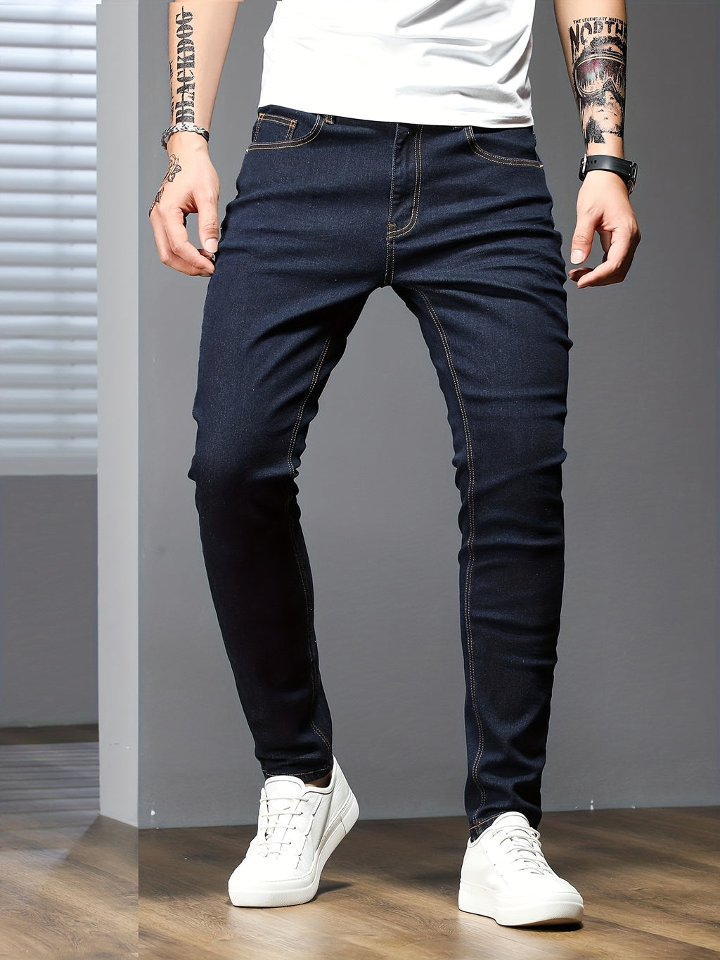 Mid Stretch Slim Fit Jeans, Men's Casual Street Style Contrast Stitching Denim Pants For Spring Summer