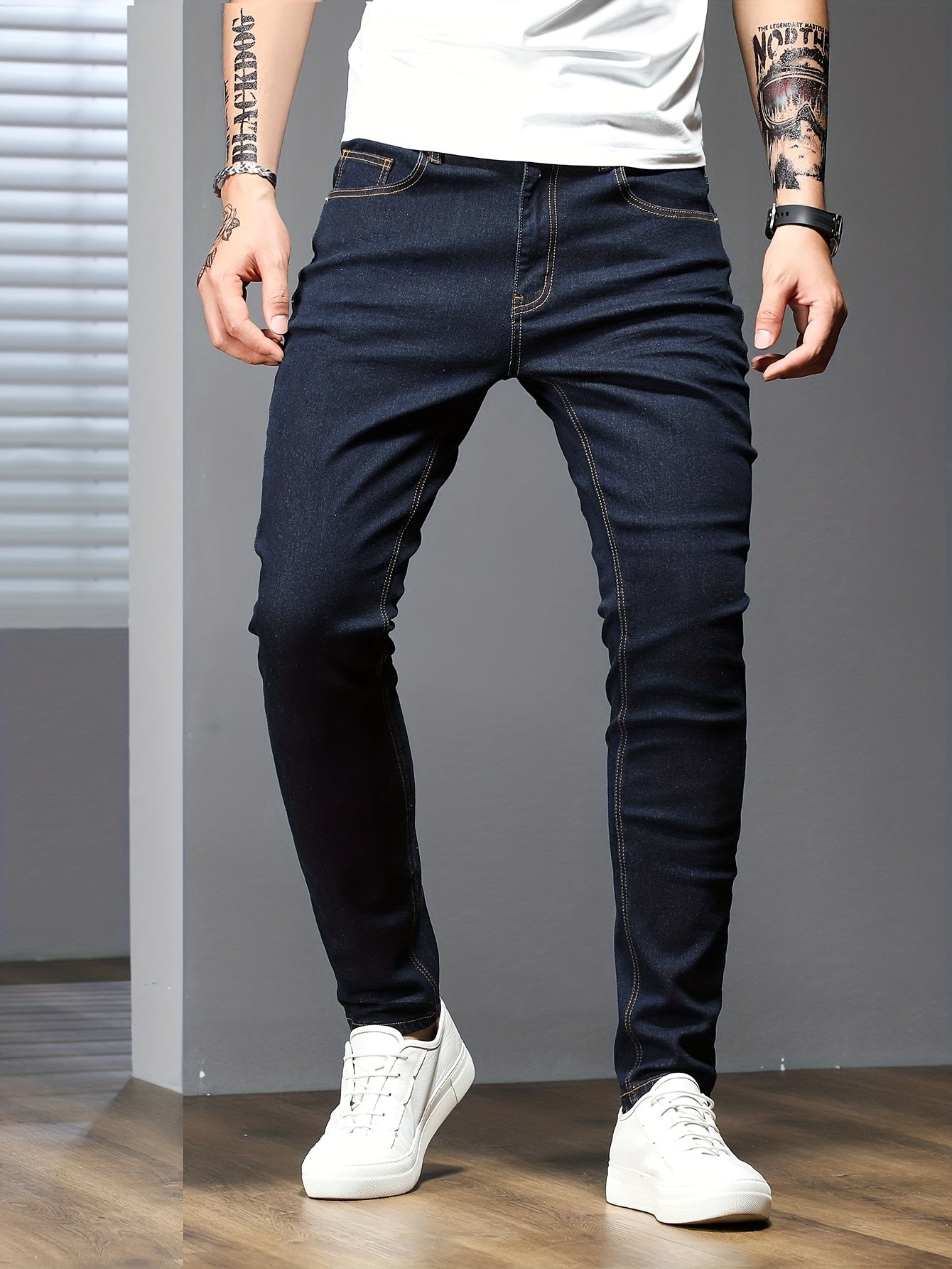 Mid Stretch Slim Fit Jeans, Men's Casual Street Style Contrast Stitching Denim Pants For Spring Summer
