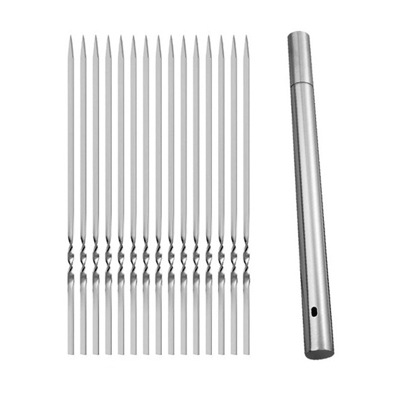 15pcs of Stainless Steel Skewers And 1 Storage Tube for Barbecuing; Reusable Grill Skewers for Shish Kebab And Camping Flat Forks Gadgets
